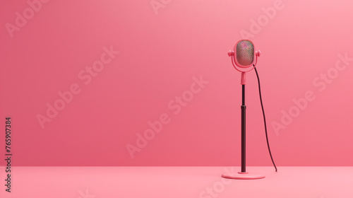 Micrófono en pedestal sobre fondo rosa