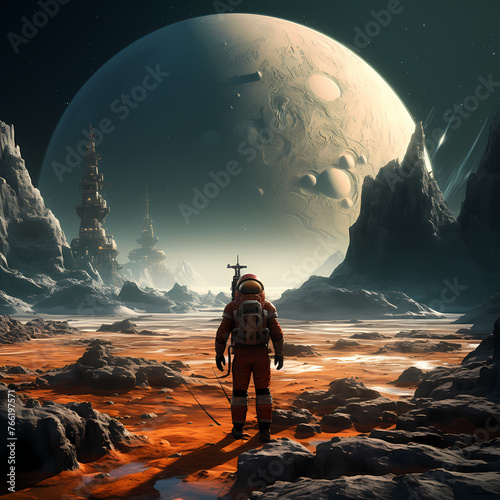 Astronaut exploring an alien landscape. 