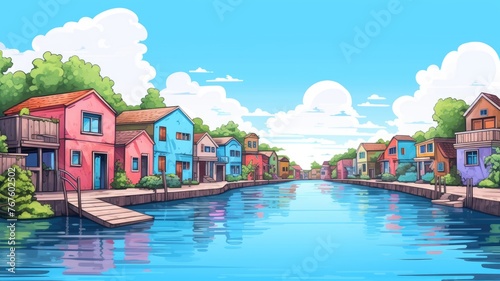 cartoon cityscape, colorful buildings, serene river, under a clear sky