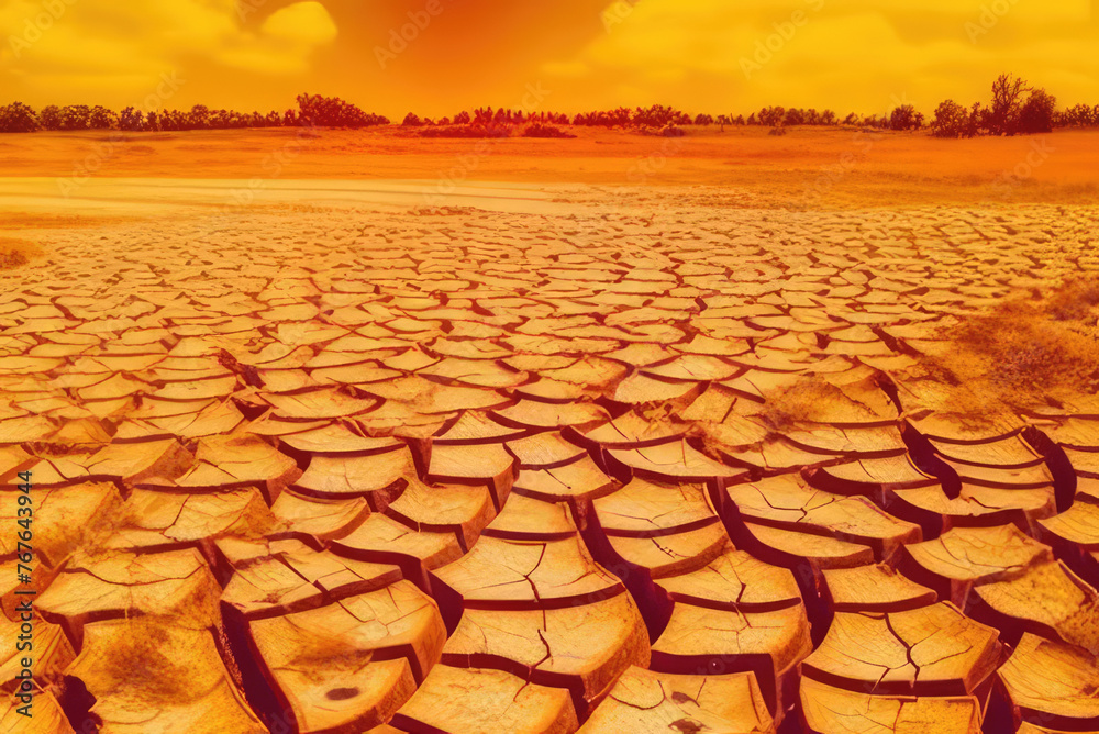 Dry And Cracked Ground With A Yellow Sky In The Background Generative