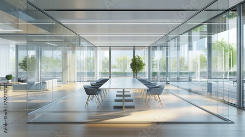 Modern Conference Room with Spacious and Bright Corporate Meeting Space Featuring Biophilic Design Elements and Panoramic Glass Walls