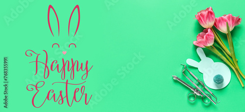 Dental tools with Easter rabbit and tulips on green background
