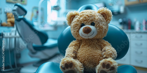 Comforting Teddy Bear Patient in Bright Childrens Dentist Office Banner