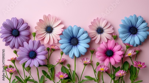  A collection of vibrant flowers atop a pink table, arranged beside one another on a pink surface