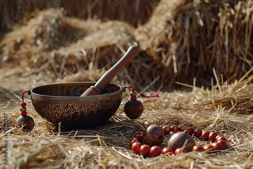 Tibetan singing bowl, mala beads and tibetan cymbals sitting in some hay