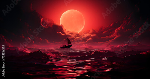 a red sky over a large body of water under a full moon