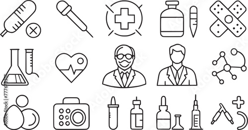 Various types of equipment of Medicine, check-up, doctor, dentistry, pharmacy, lab, scientific discovery, collection.