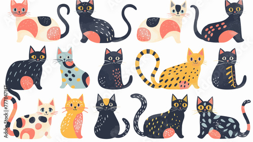 Hand drawn abstract cats, kitten, flat icons set. Color isolated illustrations. 
