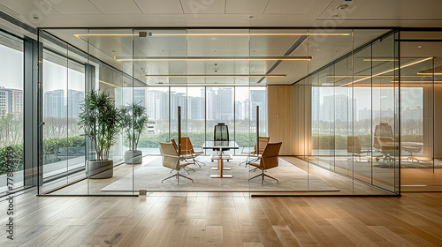 A large glass room with a view of the city