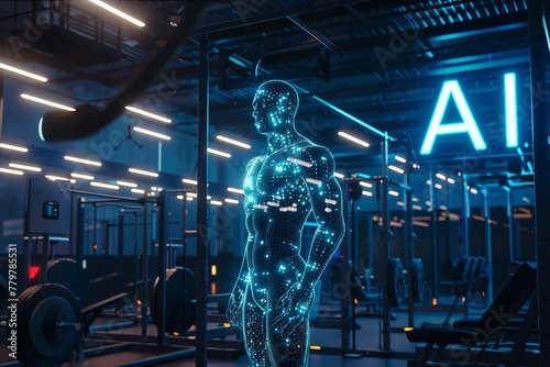 3D avatar of a strong AI, human tendon structure, set in a darkened gym scene, "AI" in bold letters.
