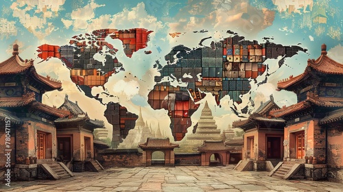 Stylized World Map with Architectural and Cultural Elements on Vintage Background
