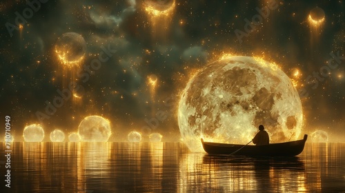 man on the boat among many glowing moons floating on the sea