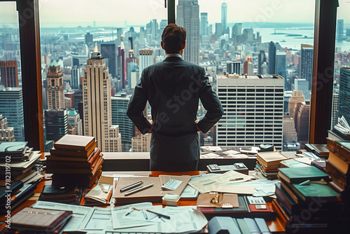 Suited man with hands on hips looking at the panoramic city view from the windows of a high-rise office