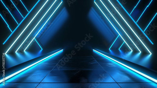 Futuristic abstract neon light corridor with vibrant blue lights and modern technology illuminated in a dark background. Creating mysterious and sci-fi effects in a symmetrical design