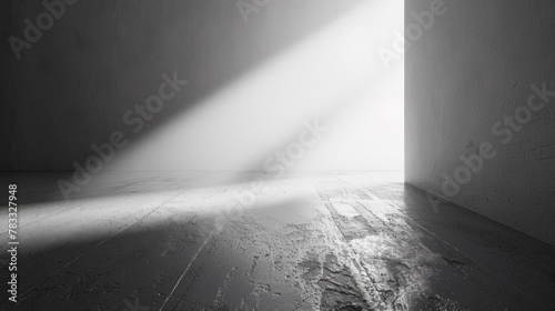A black and white photo of a light shining through an open door, AI