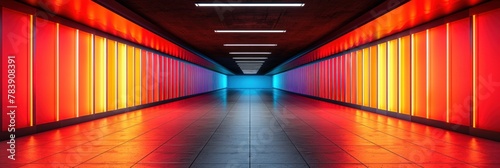 A long hallway illuminated by red and yellow lights