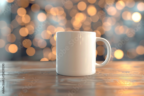 White coffee mug mockup on blurred background with bokeh lights