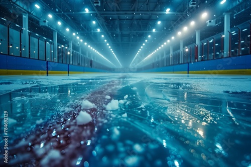 Empty indoor ice rink with reflections and lights