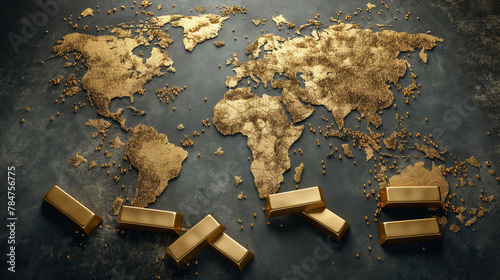 Luxurious world map in gold tones with bullion bars. Fits finance, global economy, and investment concepts.
