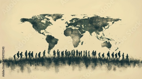 The concept of globalization, population, and social relations depicted on a world map. Modern illustration.