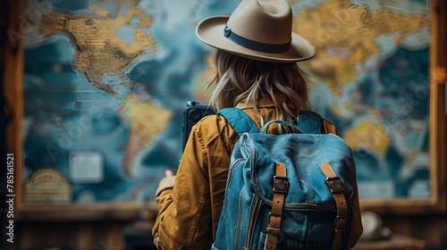 AI-generated illustration of a woman with a backpack looking at a world map
