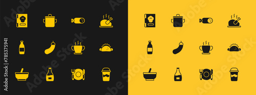 Set Roasted turkey or chicken, Sauce bottle, Bowl of hot soup, Plate, fork and knife, Eggplant, Salami sausage, Cookbook and Cooking pot icon. Vector