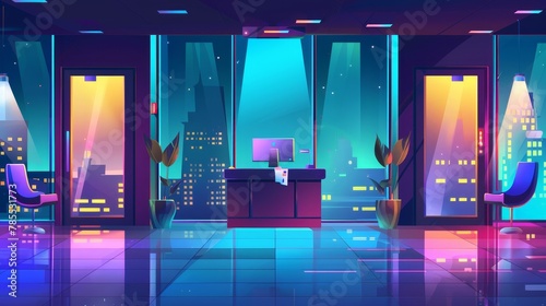 Interior of a company office at night. Cartoon illustration of the hall of a company with doors, an elevator, a computer on the reception desk, and chairs for guests in the waiting room. City lights