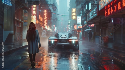 a woman walking on a wet street with a car