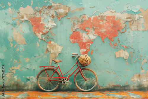 Bicycle, world map on wall, eco and environment concept, sustainable transport and travel, protect nature, bike and earth day 