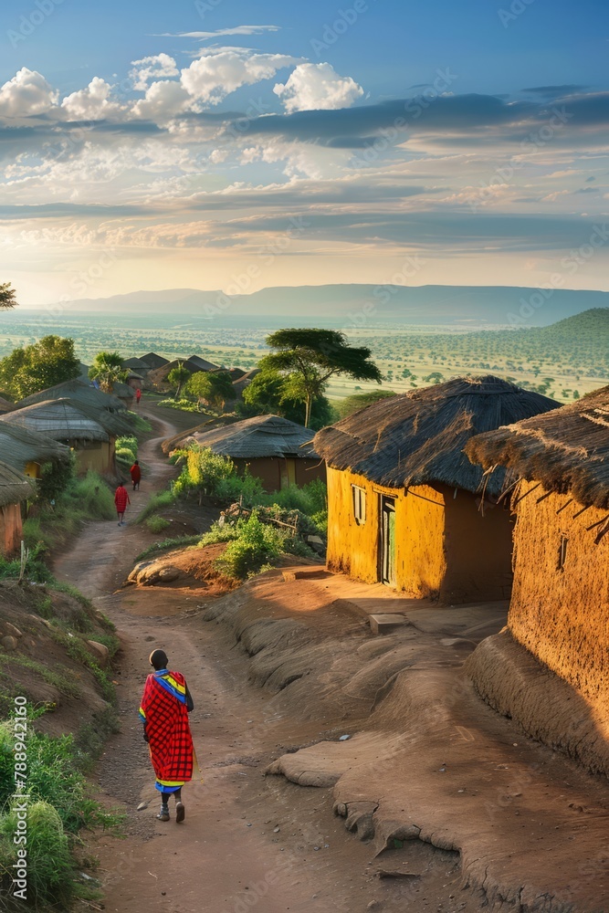 A Traditional Maasai Village On The African Savannah With Brightly