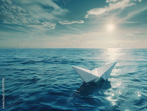 A paper boat on the vast ocean under a wide sky, representing the journey of exploring uncharted territories in business