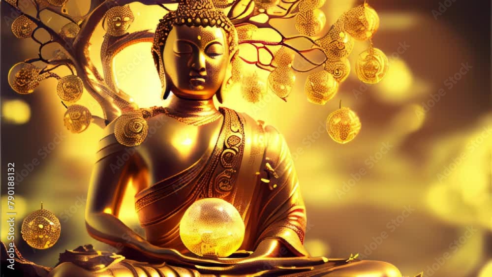 Golden Buddha Statue Meditating With A Crystal Ball Under A Decorative