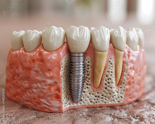 an implant is being placed between the teeth, in the style of photorealistic still life, light gray, light blue and beige, princesscore, poster