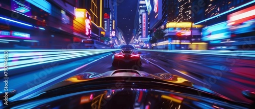 A Racing Simulator Video Game with User Interface. A 3D computer-generated car drives fast and drifts on a night highway in a modern metropolis city. High-Definition, Third-Person View. VFX.