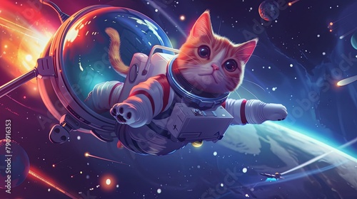 A cat in an astronaut suit is in a spaceship. Floating in space