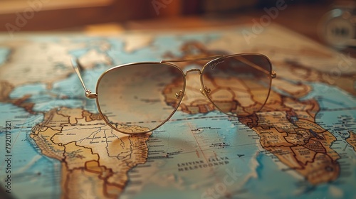 Gold aviator sunglasses on a detailed world map