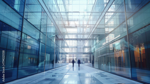 A large glass building with people walking through it