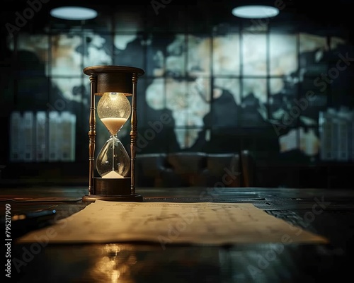 An hourglass timer sits on a desk in front of a world map.