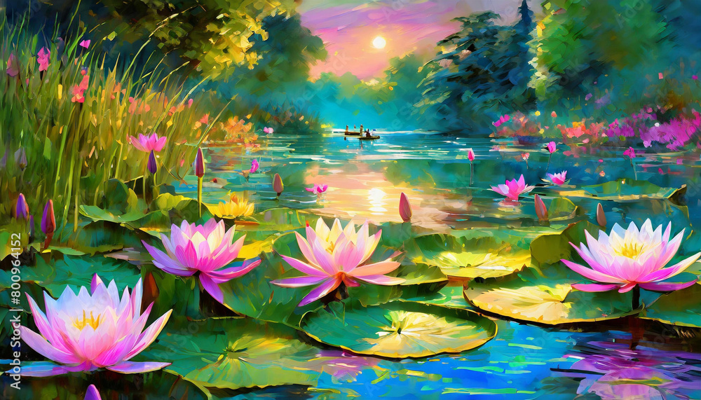 A Painting Of A White Water Lily In A Pond With Lily Pads Generative