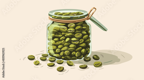 Jar with green coffee beans on light background Vector