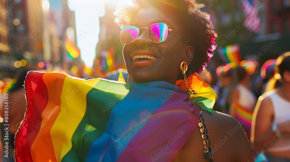 Inclusive Image Of A Happy Black Gay Woman Celebrating New York Pride Parade Wearing A Rainbow