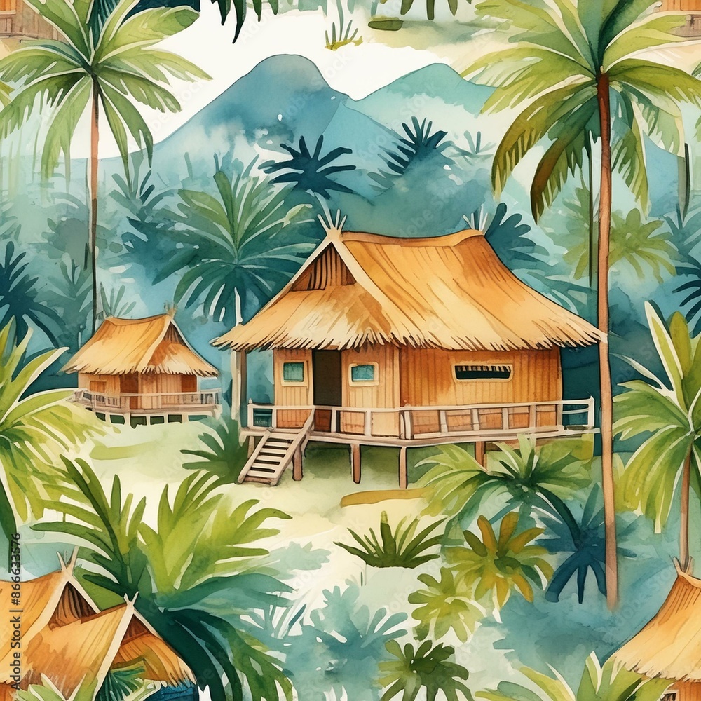 Filipino Bahay Kubo Side By Side Pattern Watercolor Tile Stock Photo