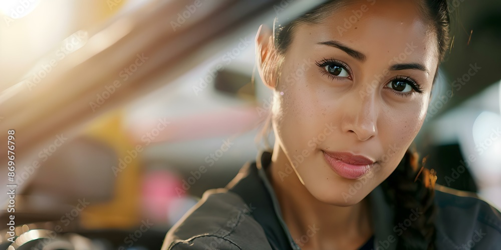 Latina Mechanic Working On Car Showcasing Diversity And Female Empowerment In Workplace Concept