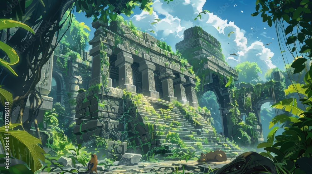 Playful Anime Landscape Of A Mayan Temple Complex In A Lush Jungle