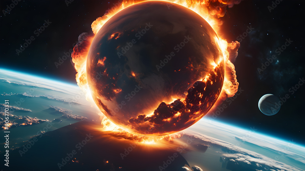 Planet Earth In Outer Space Engulfed In Flames Concept Of Natural