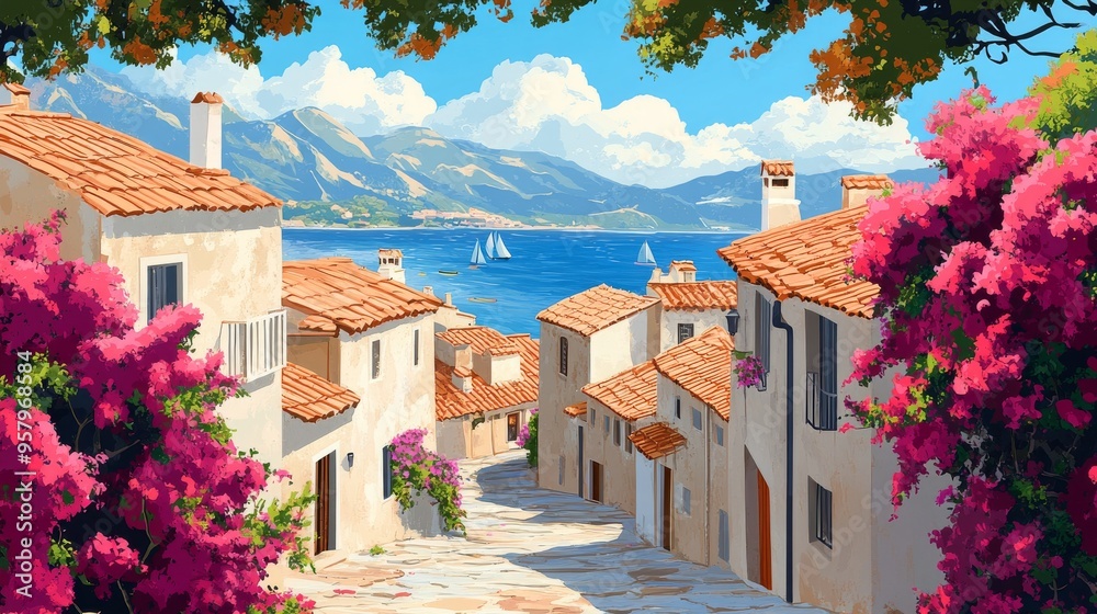 Handdrawn Illustration Of A Rustic Mediterranean Village With