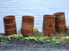 Old Rusty Waste Barrels By The Sea