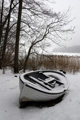 Canvas Print - foggy winter boat