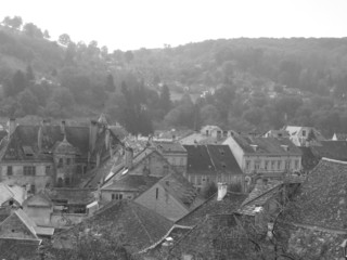 black and white view of a medieval town