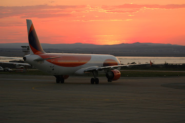 Wall Mural - plane and sunset